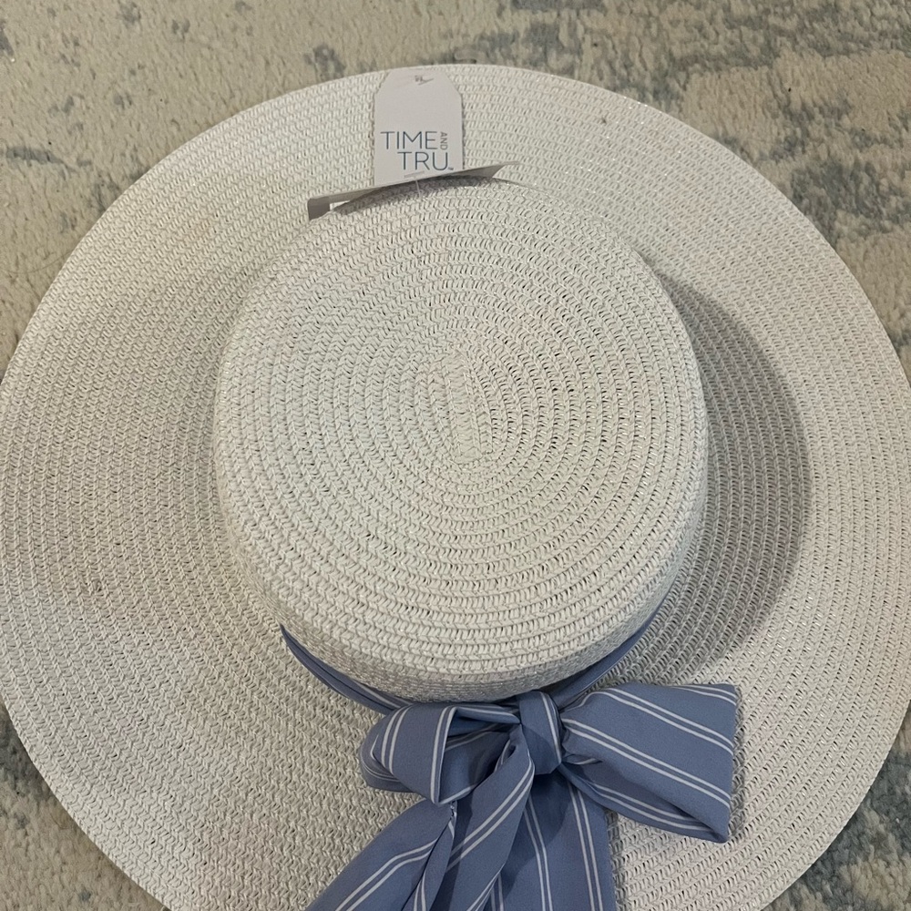 Time and Tru White Braided Sun Hat with Blue Tag